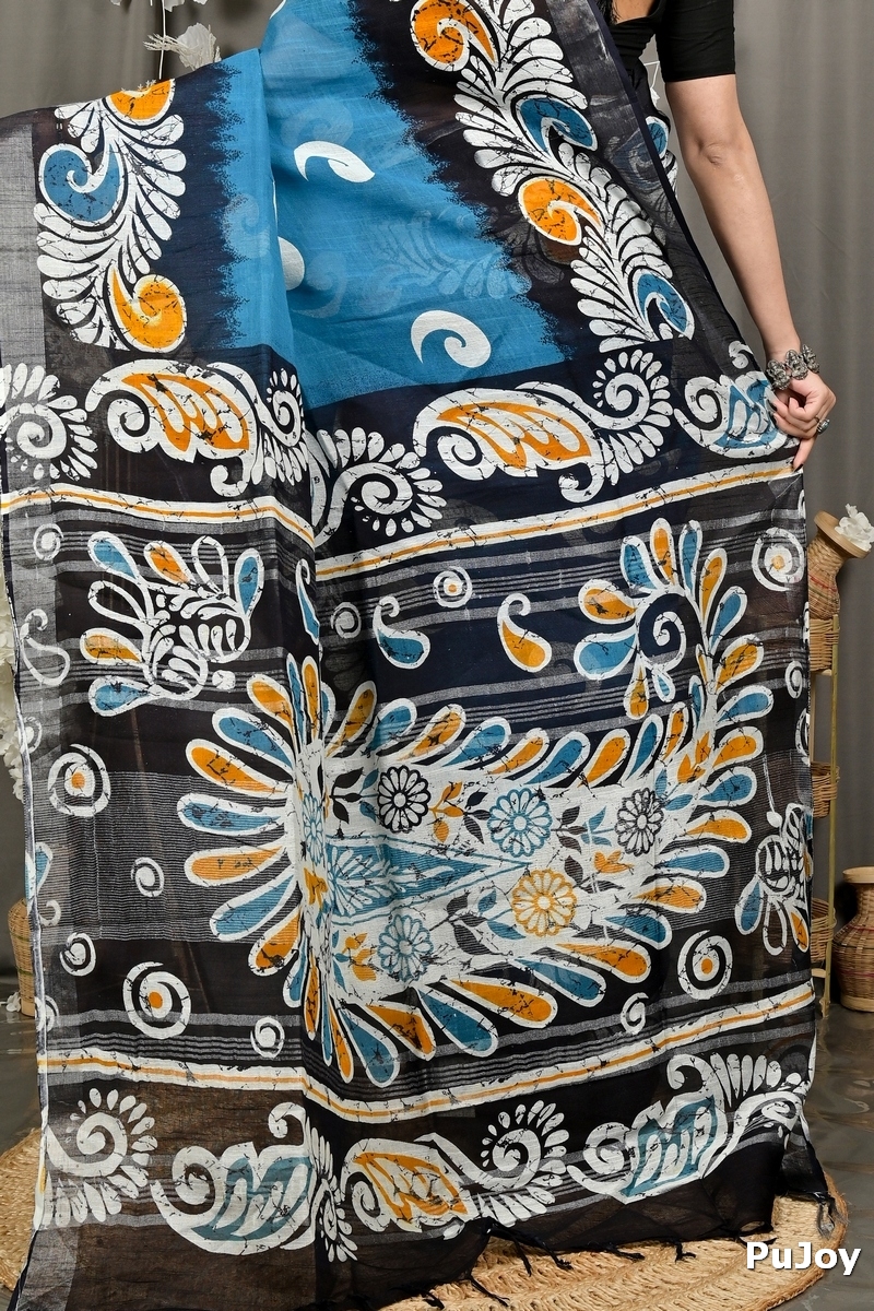 Sky Blue Black Pure Cotton Dinesi Batik Print Saree (2992)