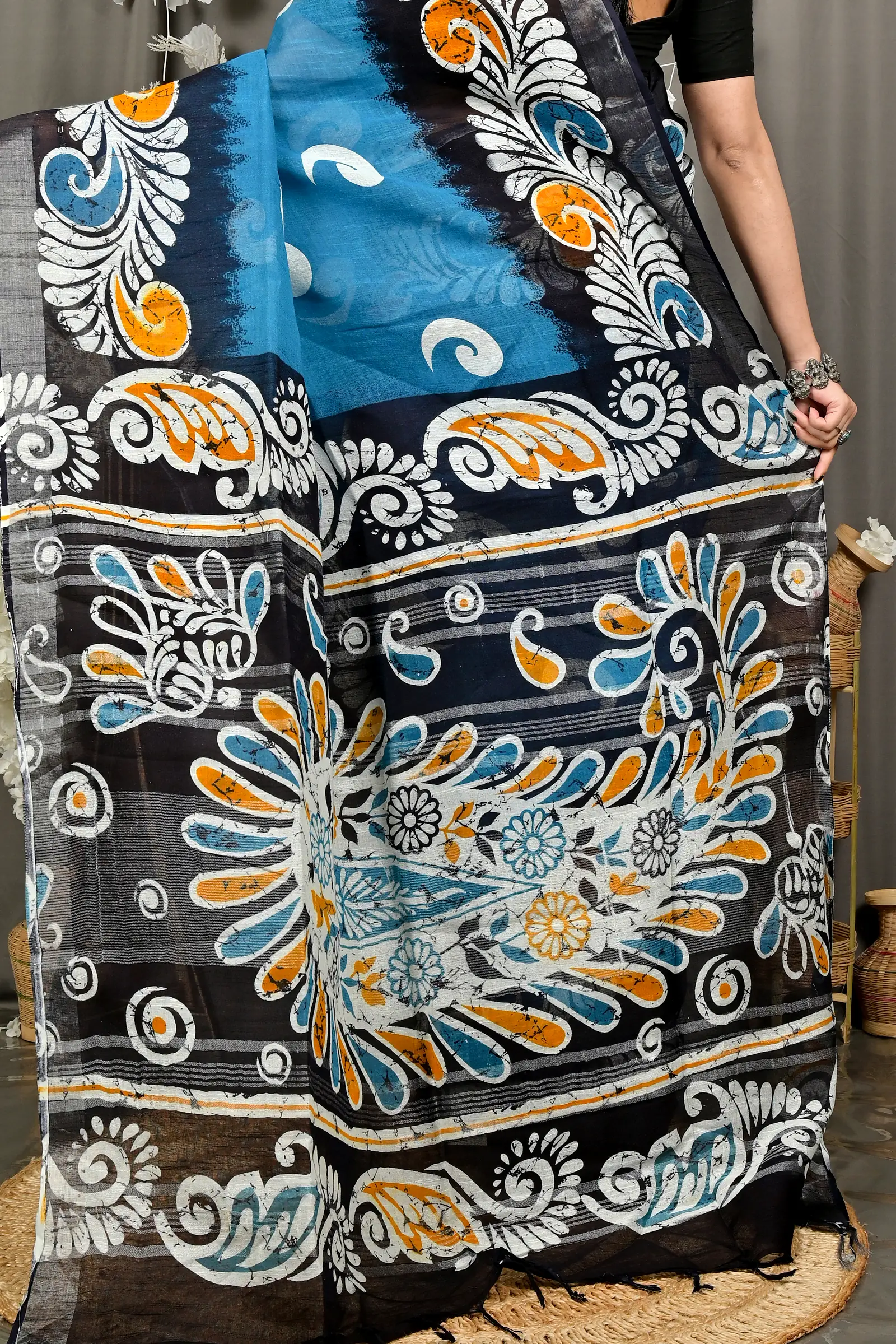 Sky Blue Black Pure Cotton Dinesi Batik Print Saree (2992)