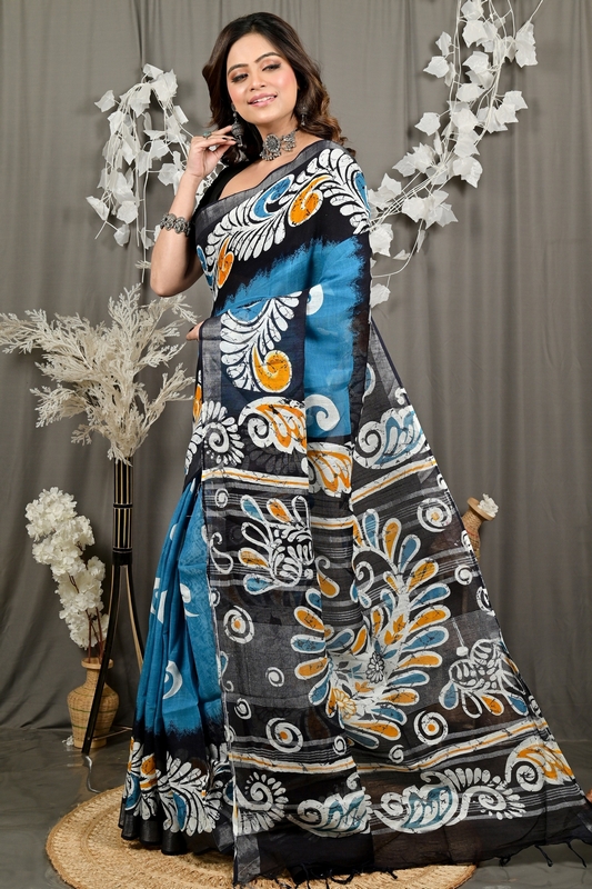 Sky Blue Black Pure Cotton Dinesi Batik Print Saree (2992)