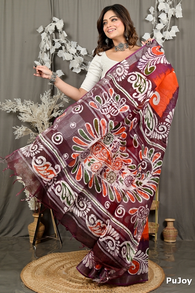 Orange Purpel Pure Cotton Dinesi Batik Print Saree (2993)