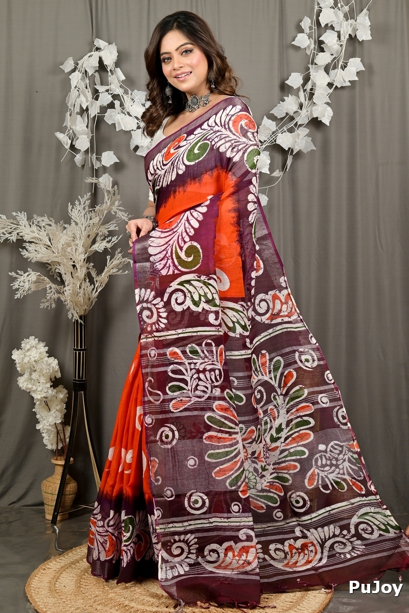 Orange Purpel Pure Cotton Dinesi Batik Print Saree (2993)