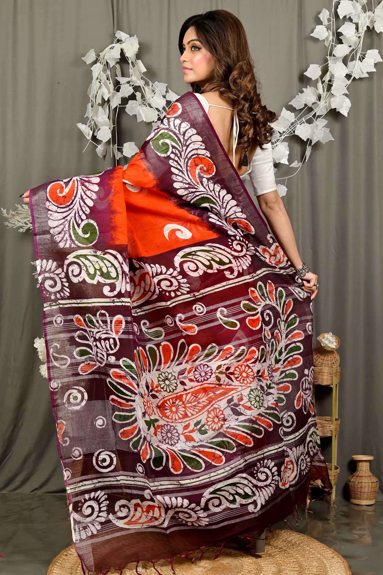Orange Purpel Pure Cotton Dinesi Batik Print Saree (2993)