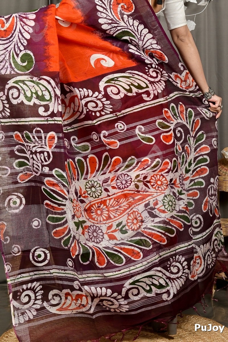 Orange Purpel Pure Cotton Dinesi Batik Print Saree (2993)