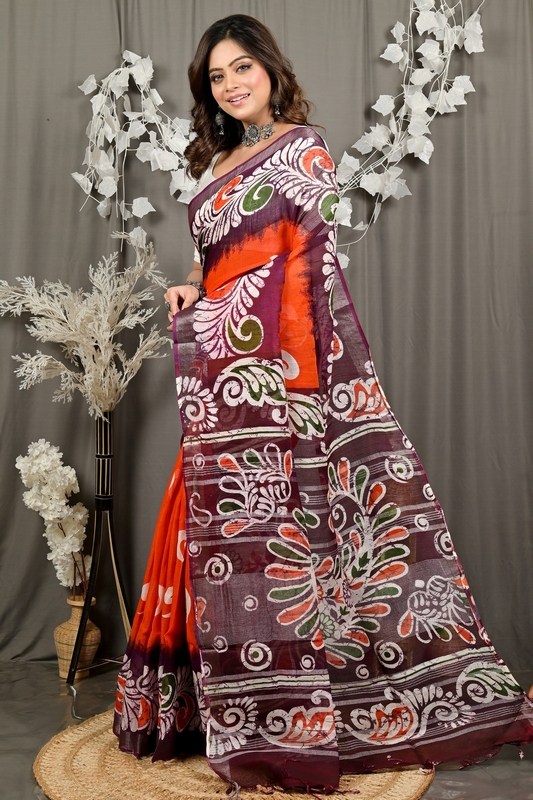 Orange Purpel Pure Cotton Dinesi Batik Print Saree (2993)