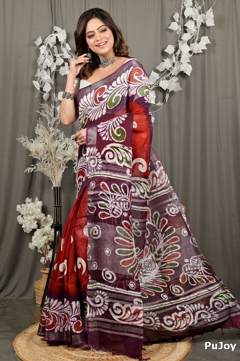 Marun Pure Cotton Dinesi Batik Print Saree (2994)