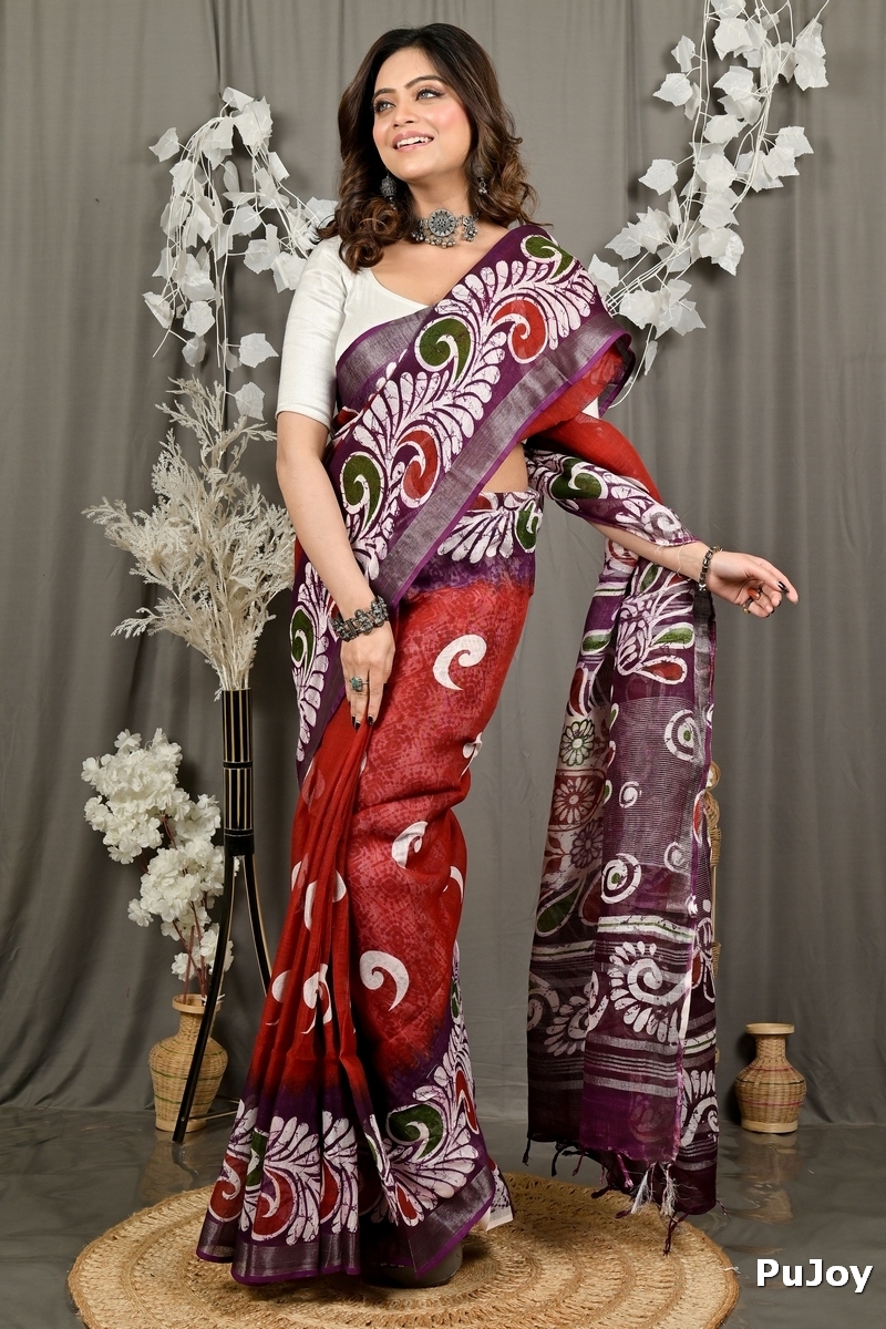 Marun Pure Cotton Dinesi Batik Print Saree (2994)