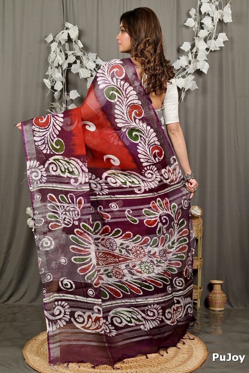 Marun Pure Cotton Dinesi Batik Print Saree (2994)