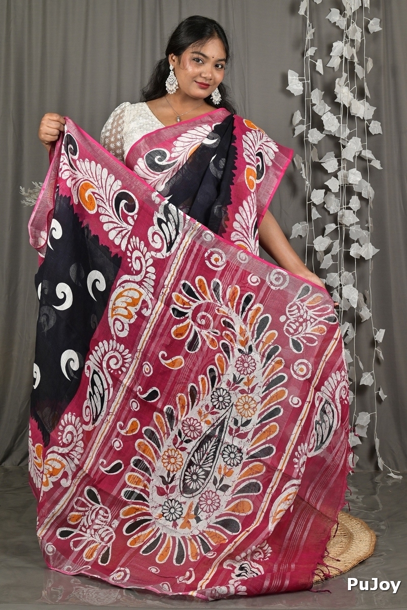 Purpel Black Pure Cotton Dinesi Batik Print Saree (2995)
