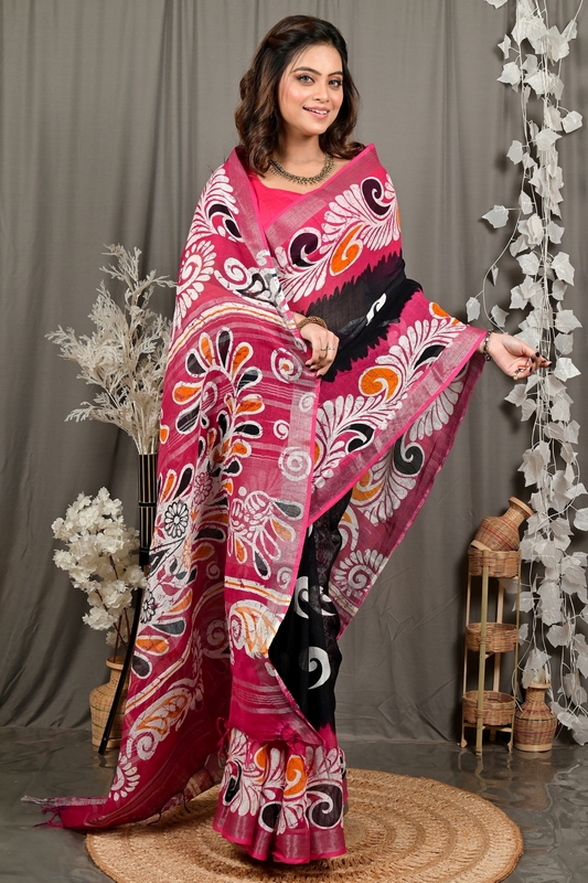 Purpel Black Pure Cotton Dinesi Batik Print Saree (2995)