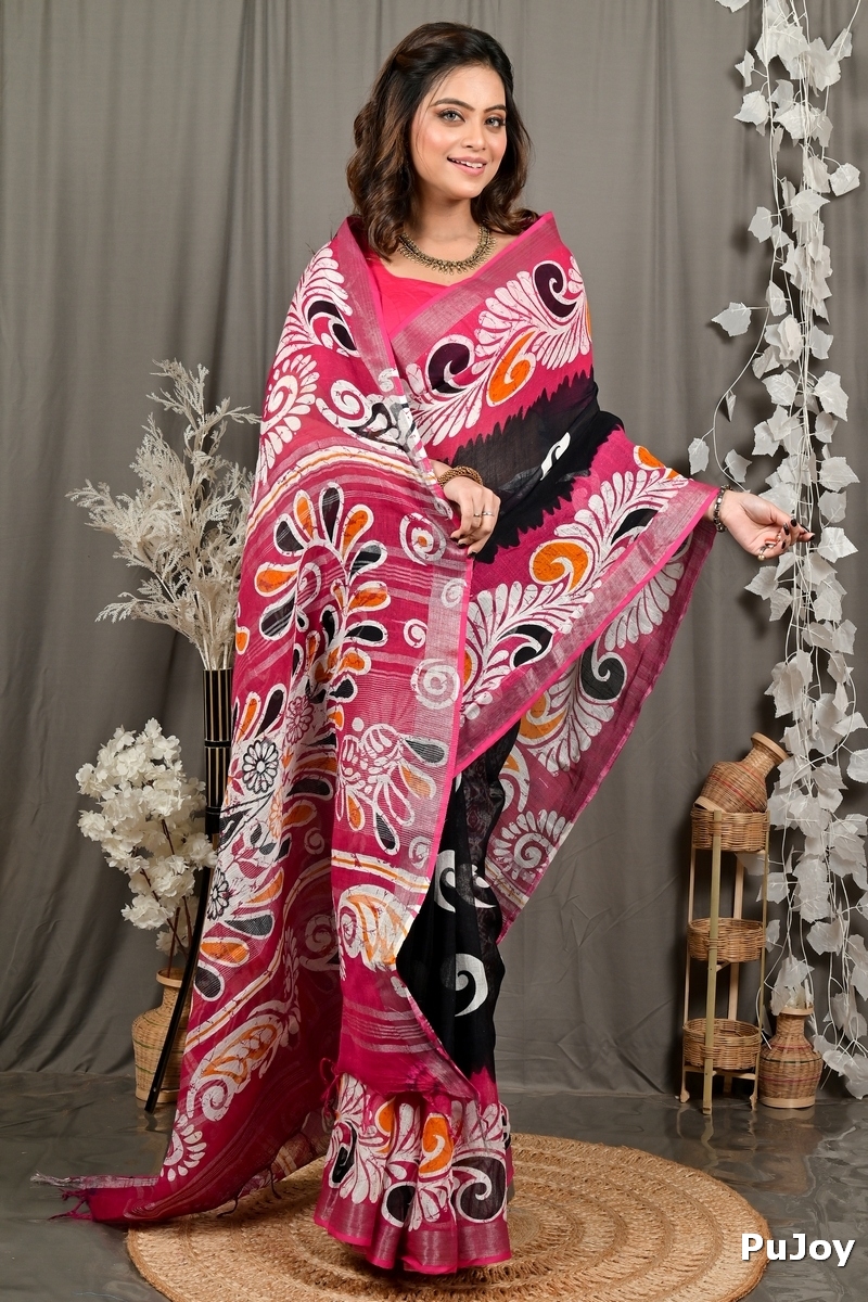 Purpel Black Pure Cotton Dinesi Batik Print Saree (2995)