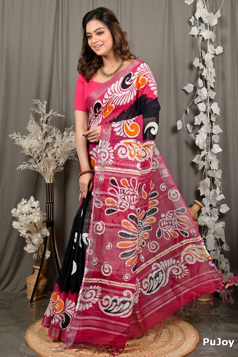 Purpel Black Pure Cotton Dinesi Batik Print Saree (2995)