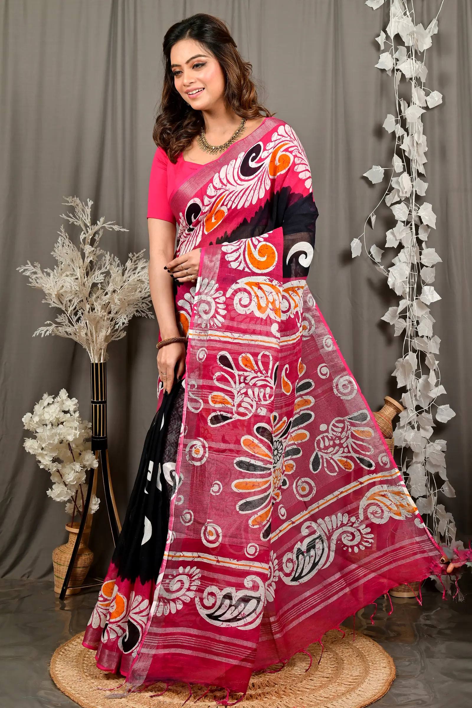 Purpel Black Pure Cotton Dinesi Batik Print Saree (2995)