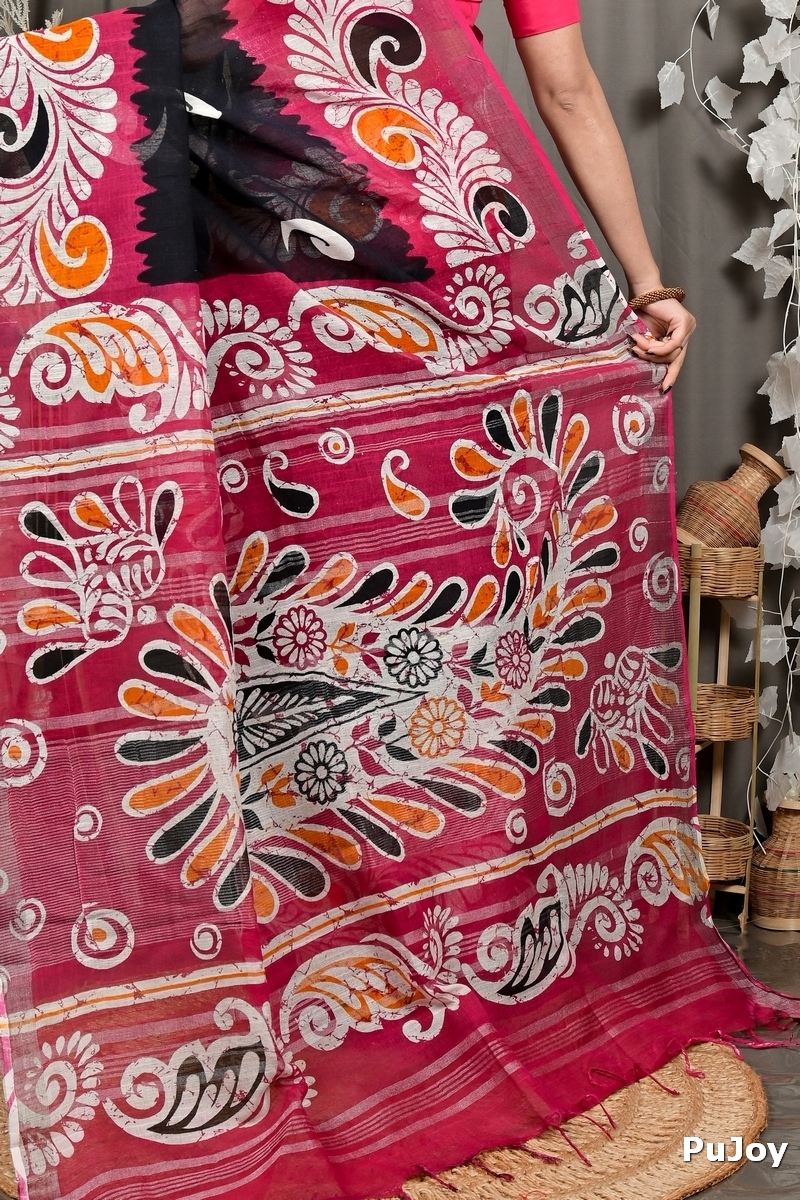 Purpel Black Pure Cotton Dinesi Batik Print Saree (2995)