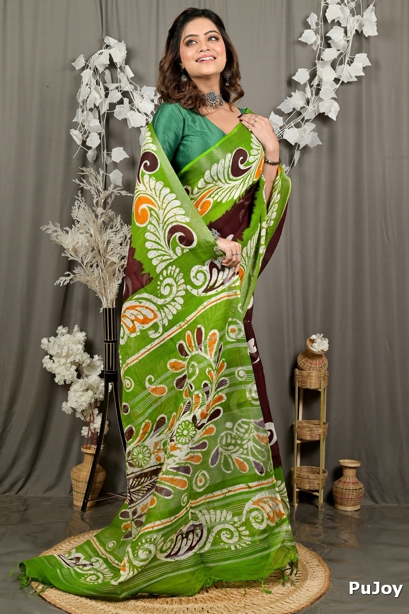 Green Brown Pure Cotton Dinesi Batik Print Saree (2996)