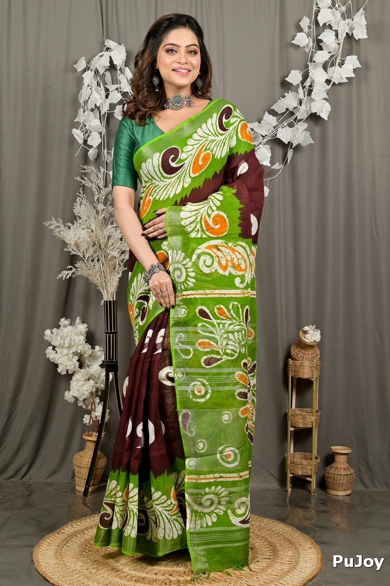 Green Brown Pure Cotton Dinesi Batik Print Saree (2996)