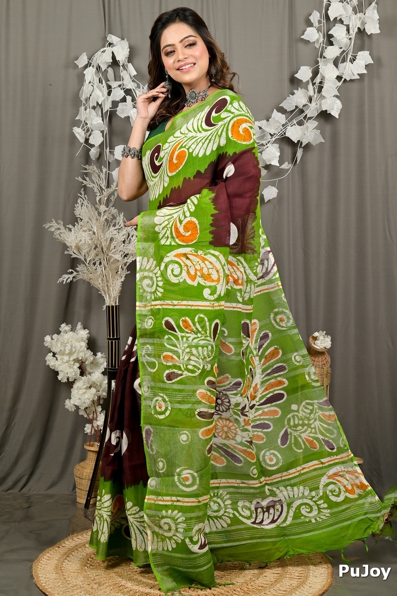 Green Brown Pure Cotton Dinesi Batik Print Saree (2996)