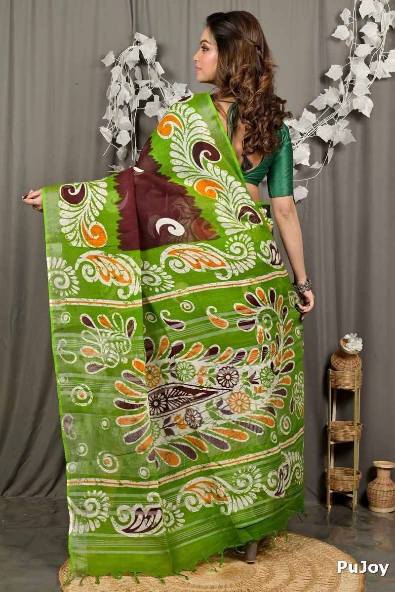 Green Brown Pure Cotton Dinesi Batik Print Saree (2996)