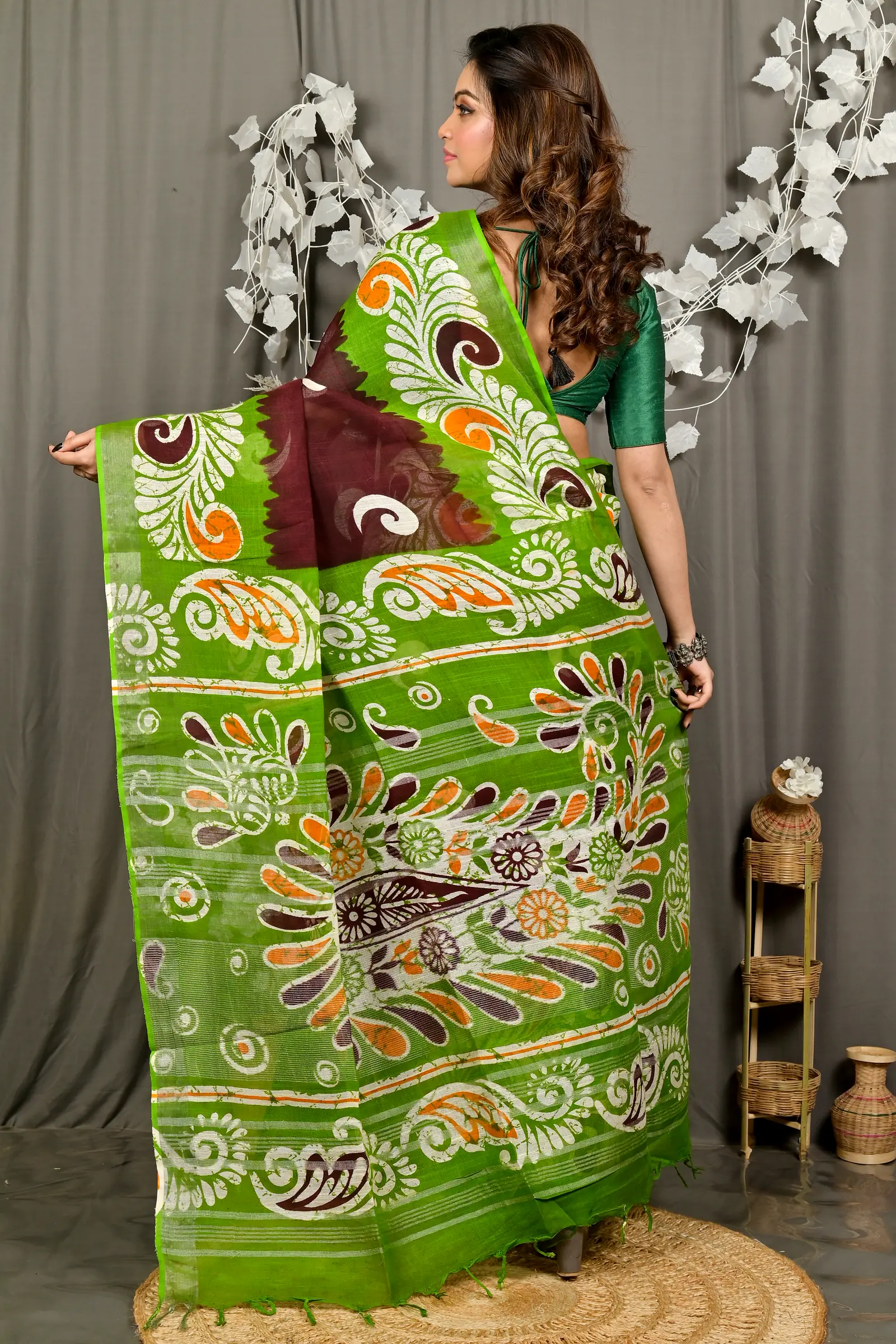 Green Brown Pure Cotton Dinesi Batik Print Saree (2996)
