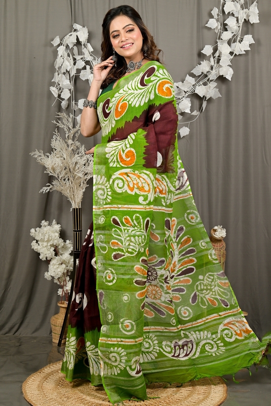 Green Brown Pure Cotton Dinesi Batik Print Saree (2996)