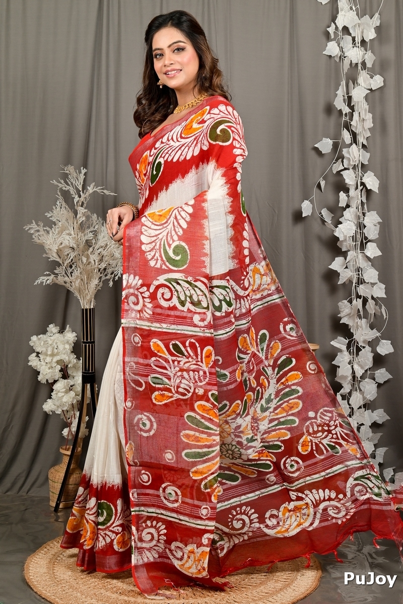 White Red Pure Cotton Dinesi Batik Print Saree (2997)