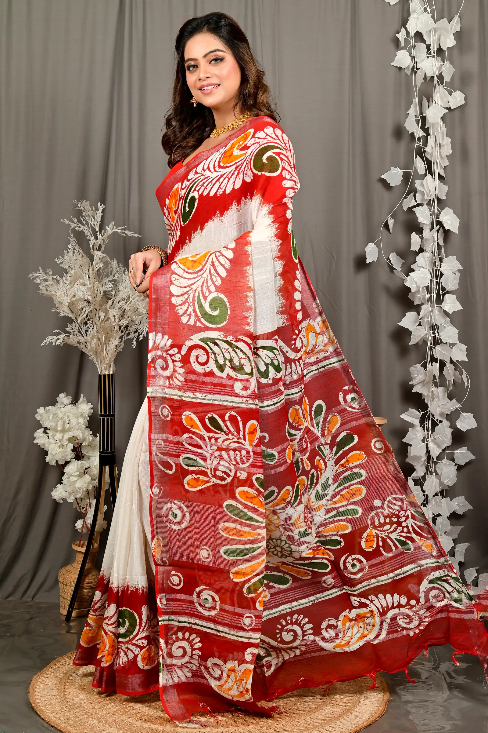 White Red Pure Cotton Dinesi Batik Print Saree (2997)