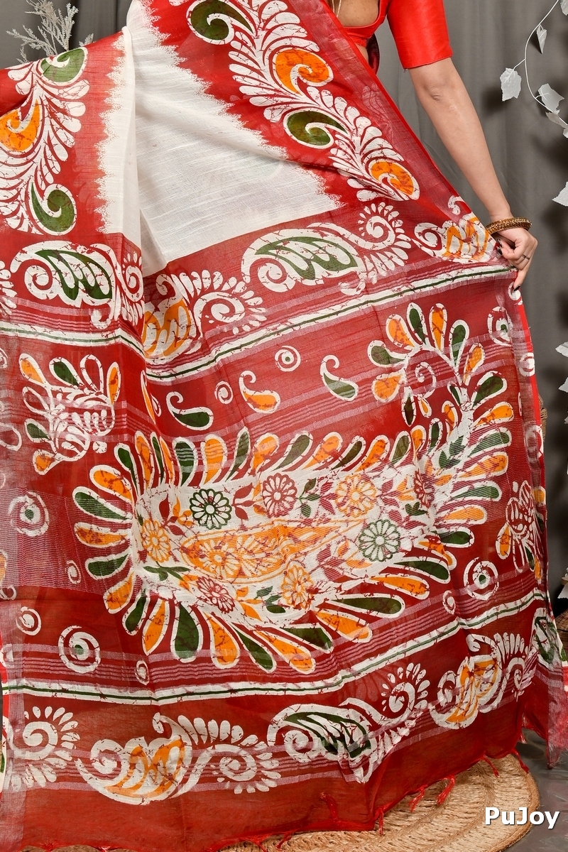 White Red Pure Cotton Dinesi Batik Print Saree (2997)