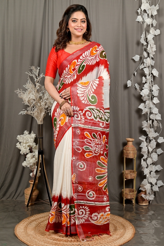 White Red Pure Cotton Dinesi Batik Print Saree (2997)