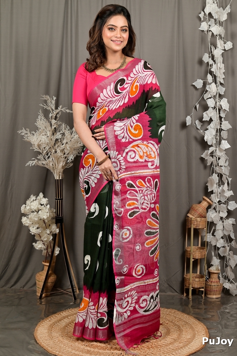 Green Purpel Pure Cotton Dinesi Batik Print Saree (2998)