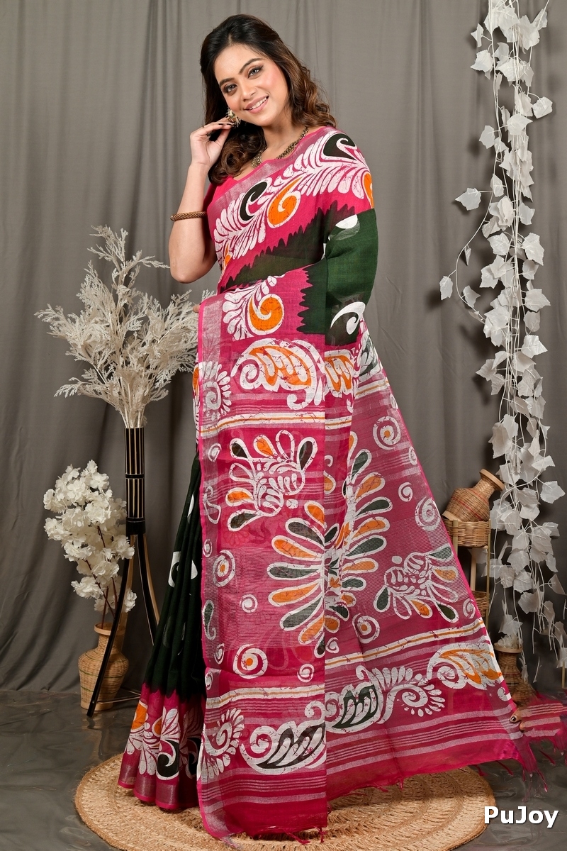 Green Purpel Pure Cotton Dinesi Batik Print Saree (2998)