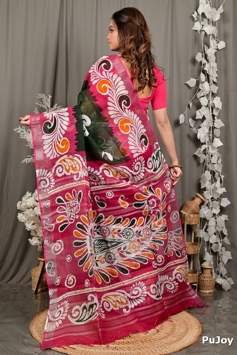 Green Purpel Pure Cotton Dinesi Batik Print Saree (2998)