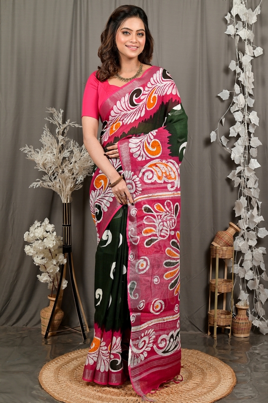 Green Purpel Pure Cotton Dinesi Batik Print Saree (2998)