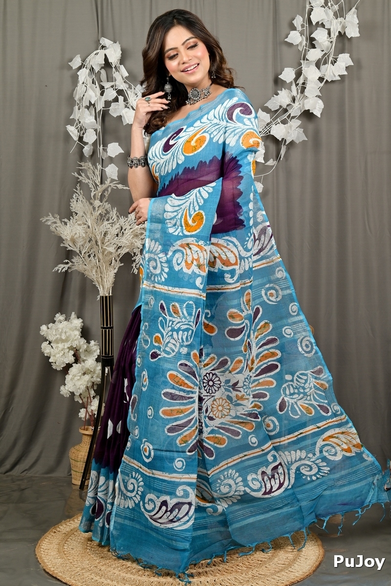 Purpel Sky Blue Pure Cotton Dinesi Batik Print Saree (2999)