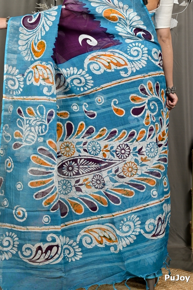 Purpel Sky Blue Pure Cotton Dinesi Batik Print Saree (2999)