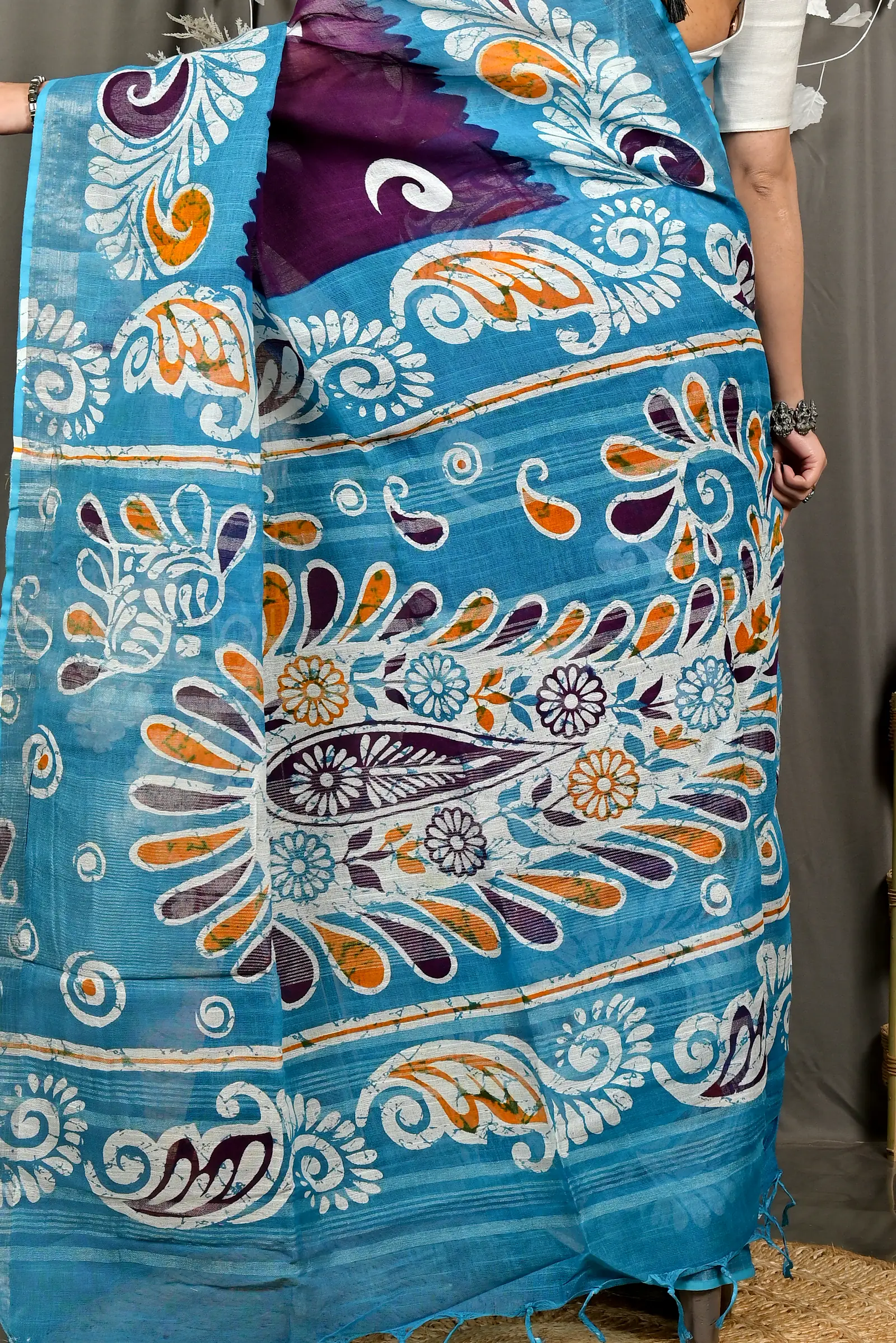 Purpel Sky Blue Pure Cotton Dinesi Batik Print Saree (2999)