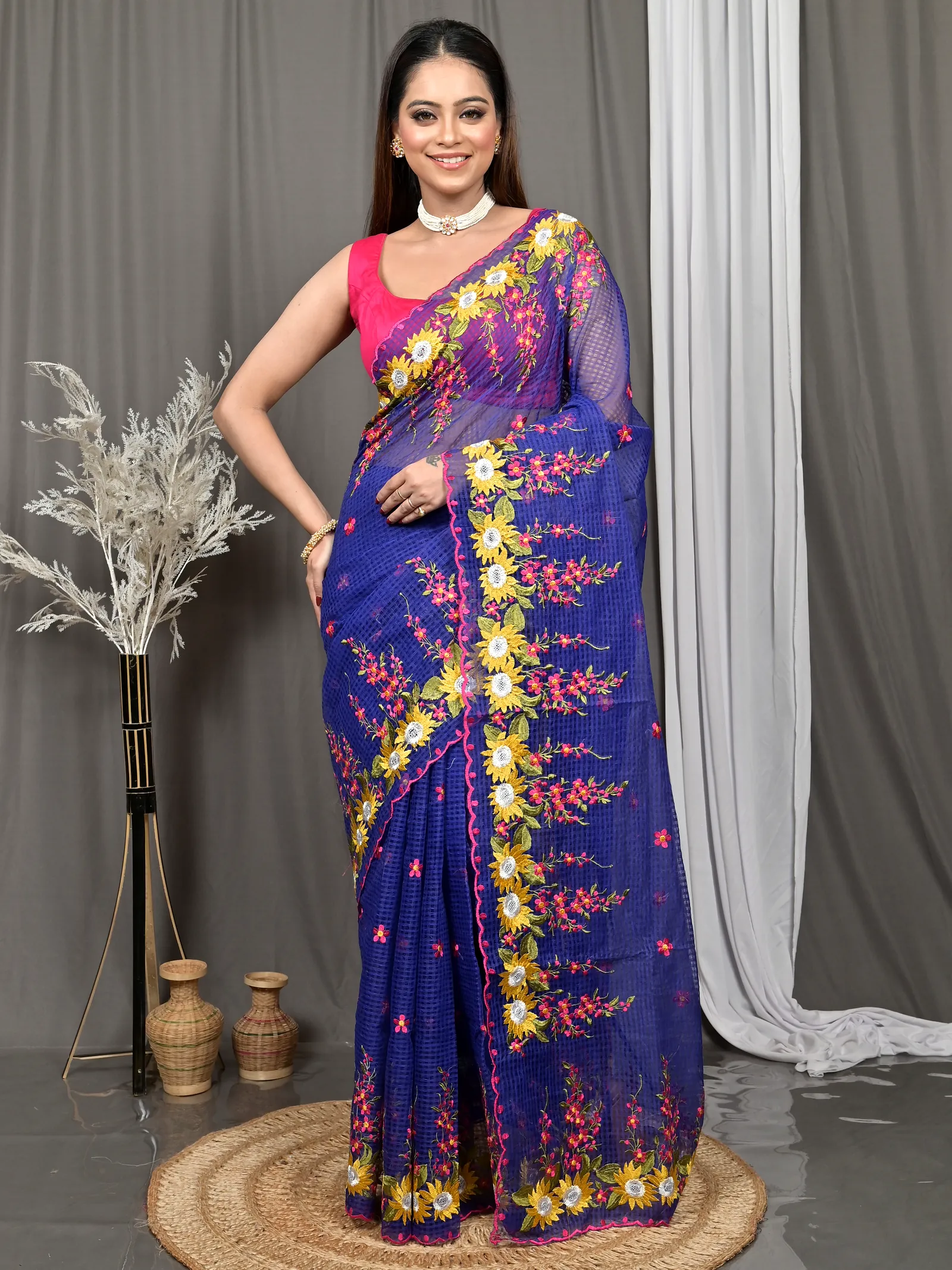 Naby Blue Cotton Kotambo Mix Kota Embroidery Saree  (30)