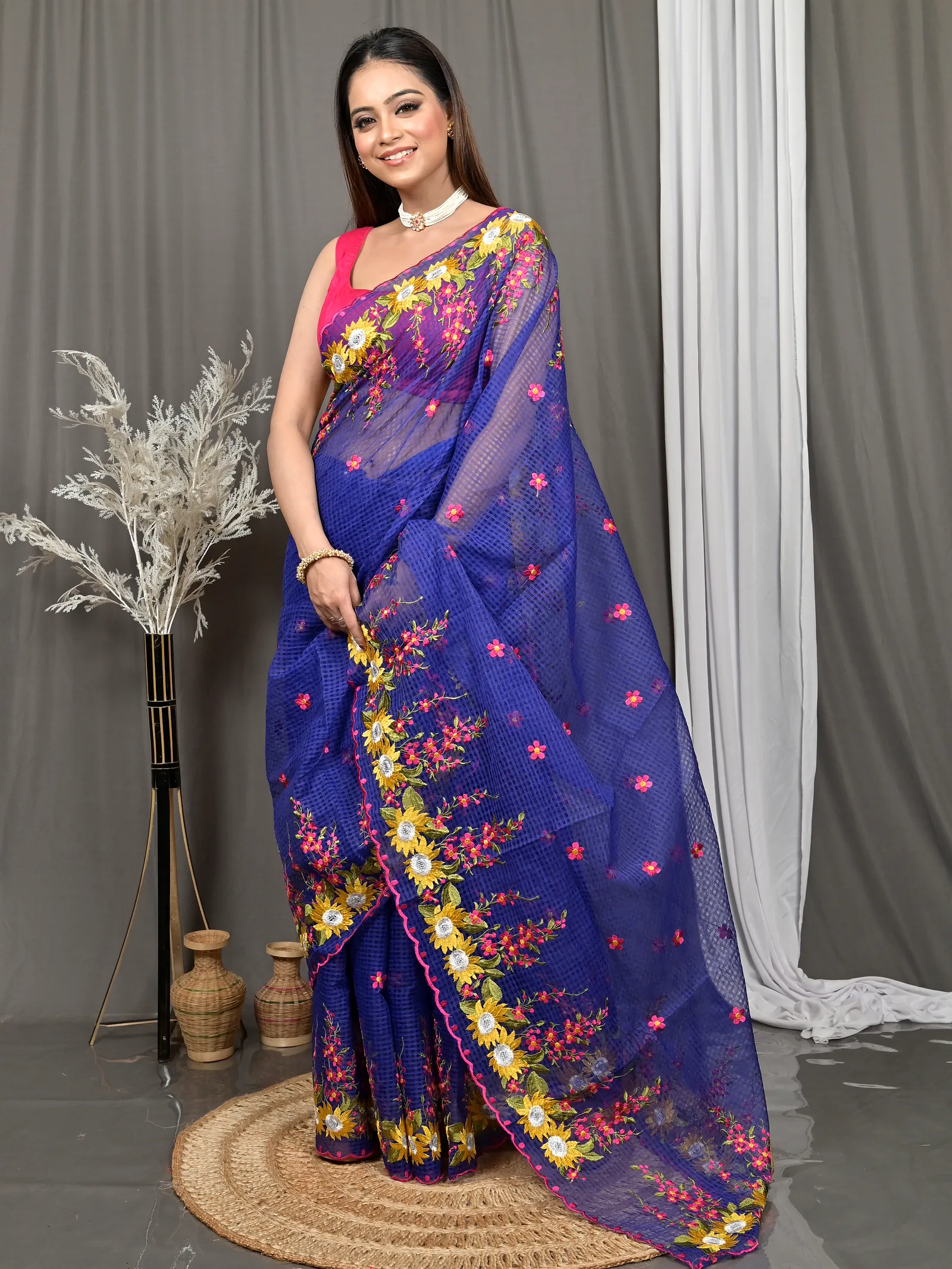 Naby Blue Cotton Kotambo Mix Kota Embroidery Saree  (30)