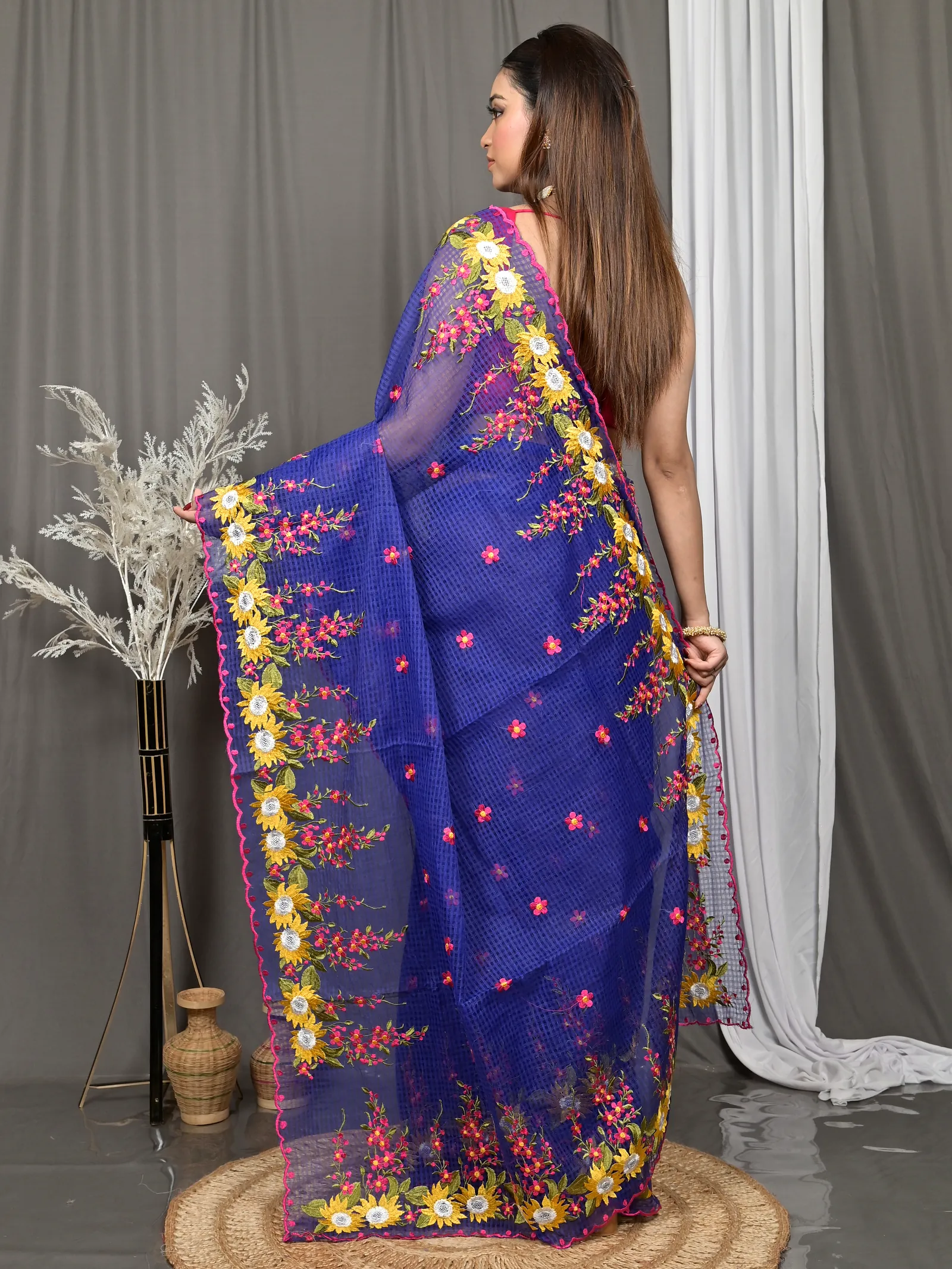 Naby Blue Cotton Kotambo Mix Kota Embroidery Saree  (30)