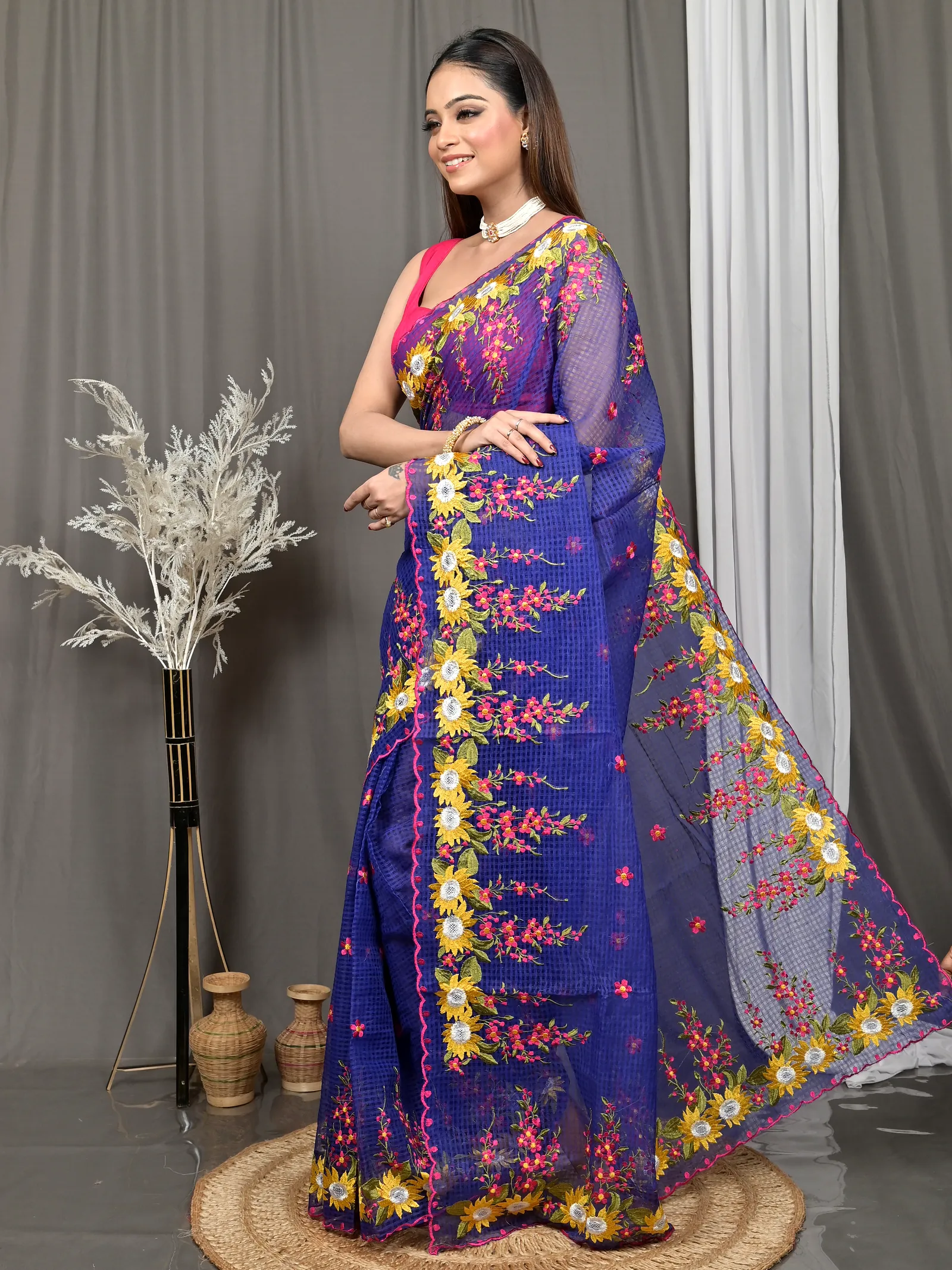 Naby Blue Cotton Kotambo Mix Kota Embroidery Saree  (30)