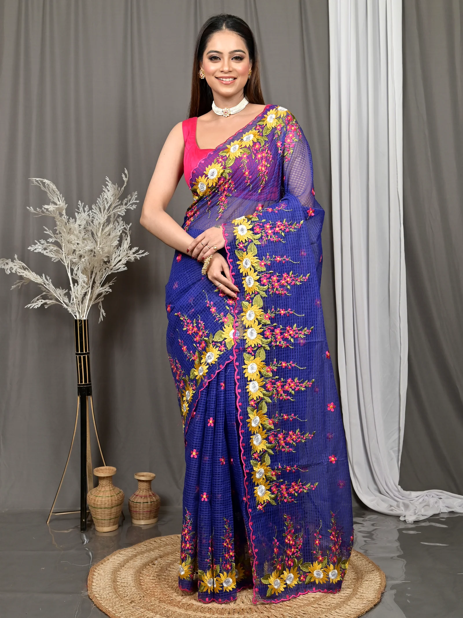 Naby Blue Cotton Kotambo Mix Kota Embroidery Saree  (30)