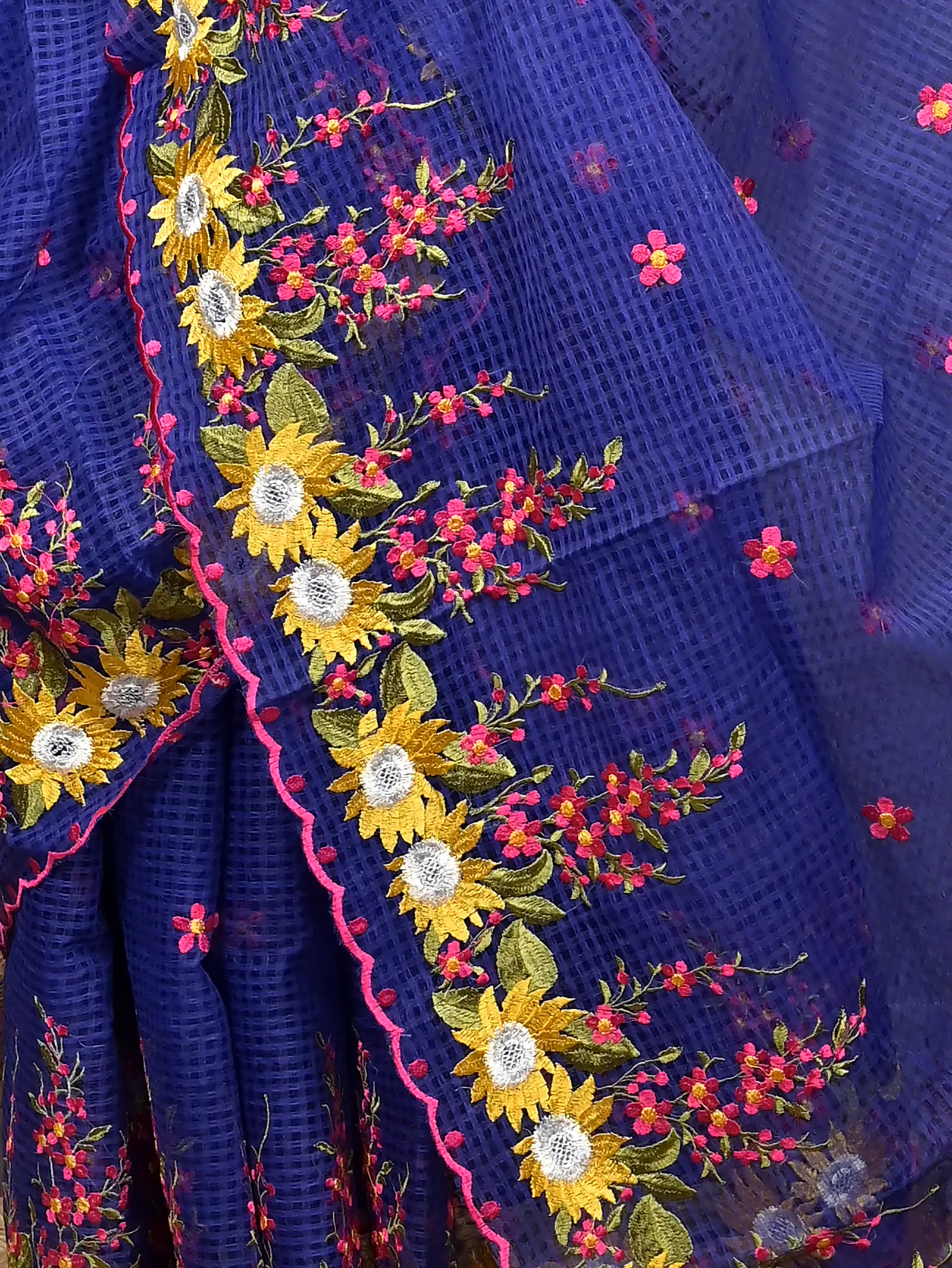 Naby Blue Cotton Kotambo Mix Kota Embroidery Saree  (30)