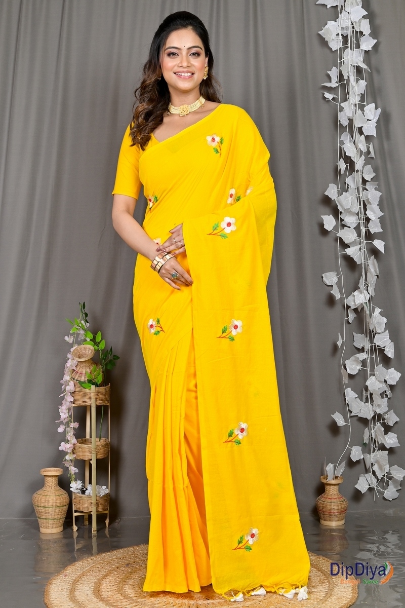 Yellow Pure Cotton Paray Embroidery Handloom saree (300)