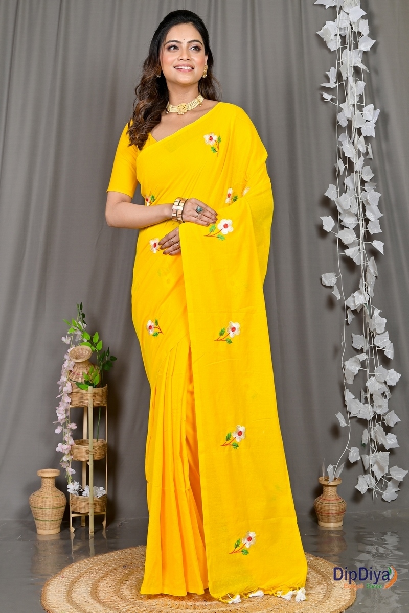 Yellow Pure Cotton Paray Embroidery Handloom saree (300)