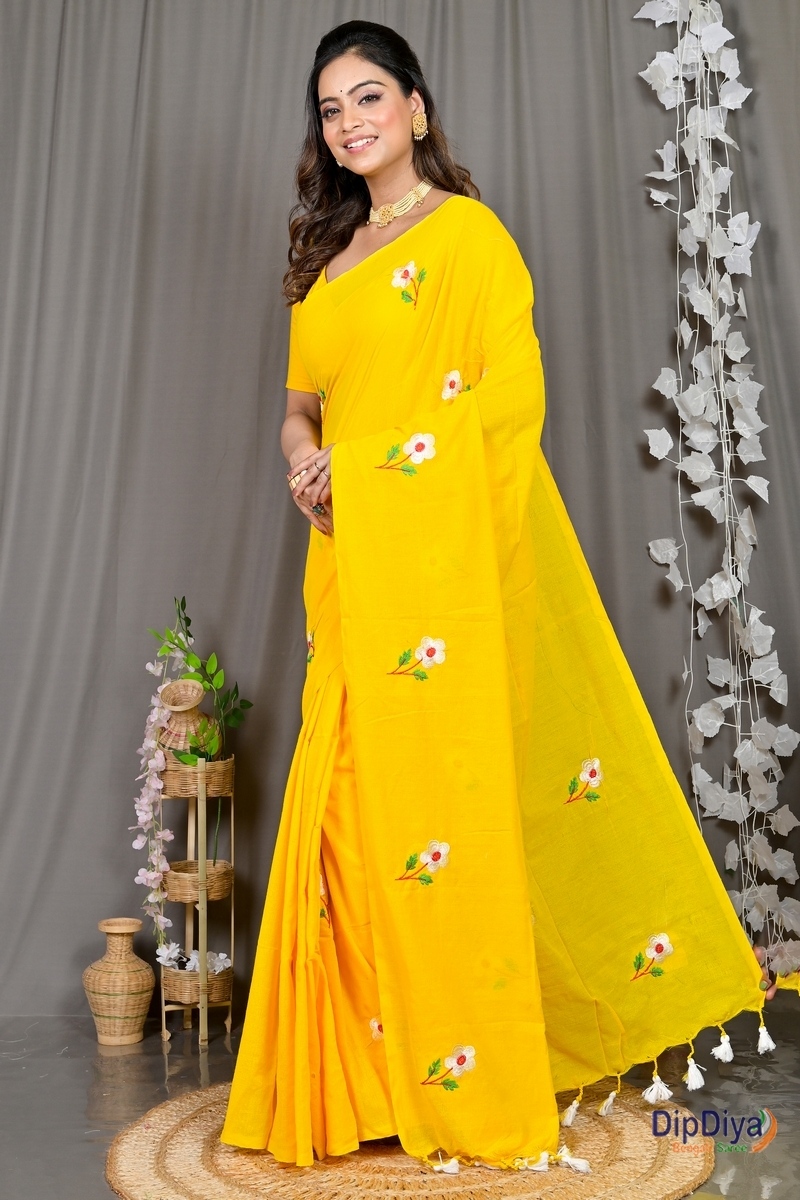 Yellow Pure Cotton Paray Embroidery Handloom saree (300)