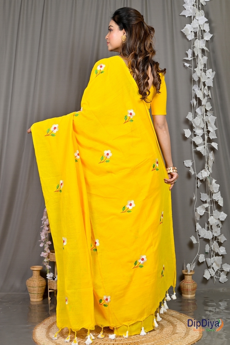 Yellow Pure Cotton Paray Embroidery Handloom saree (300)
