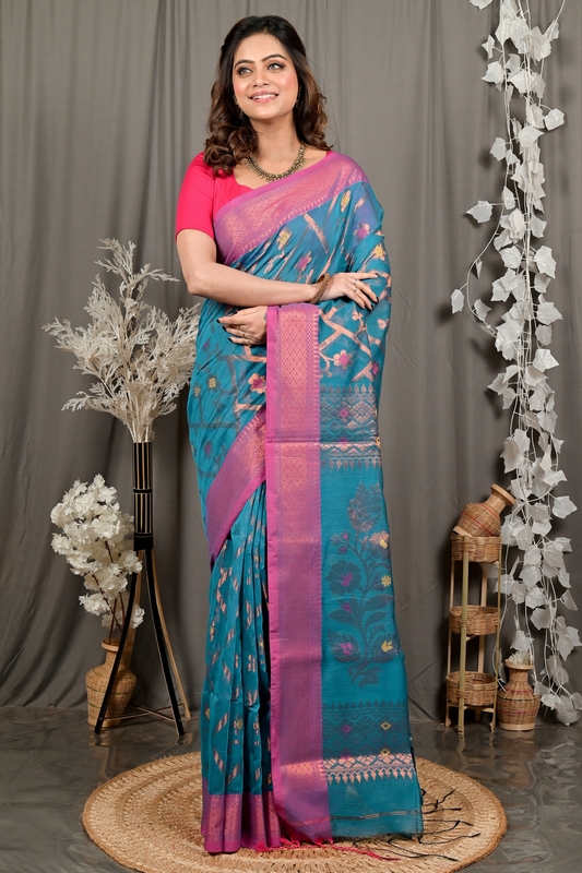 Blue Blended Cotton Dinui Hand Loom Saree (3000)