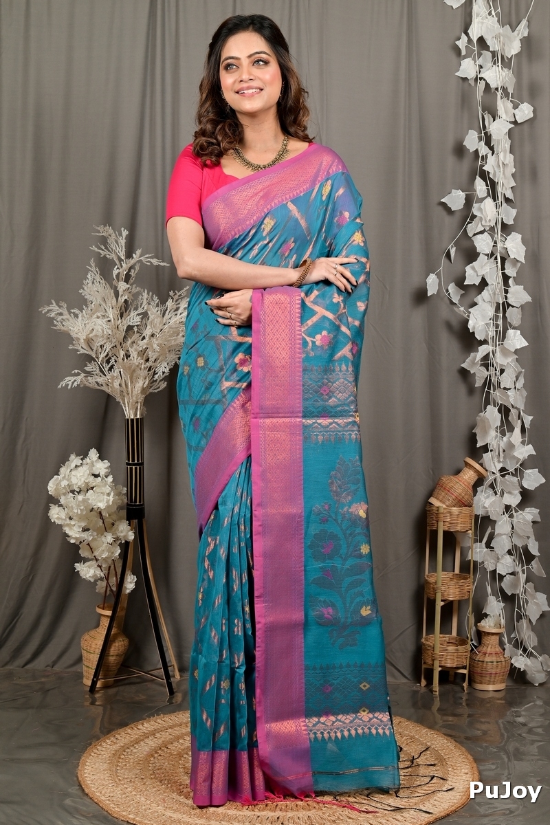 Blue Blended Cotton Dinui Hand Loom Saree (3000)