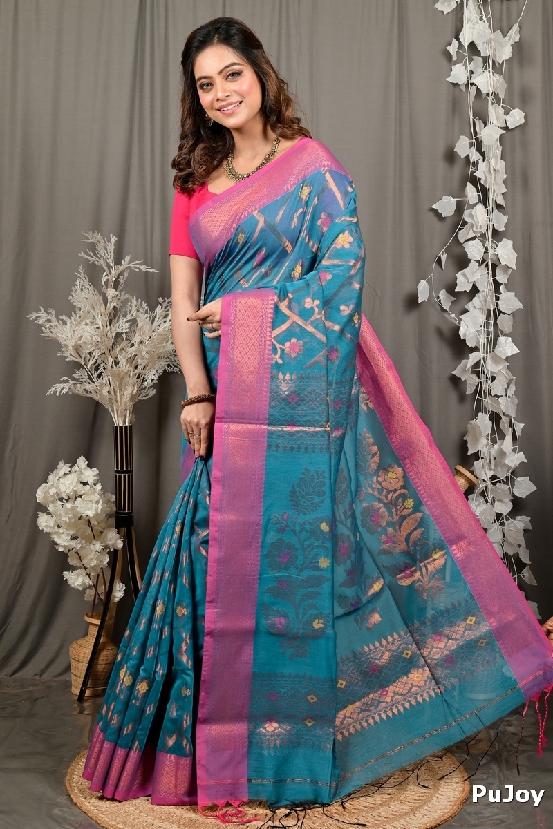 Blue Blended Cotton Dinui Hand Loom Saree (3000)