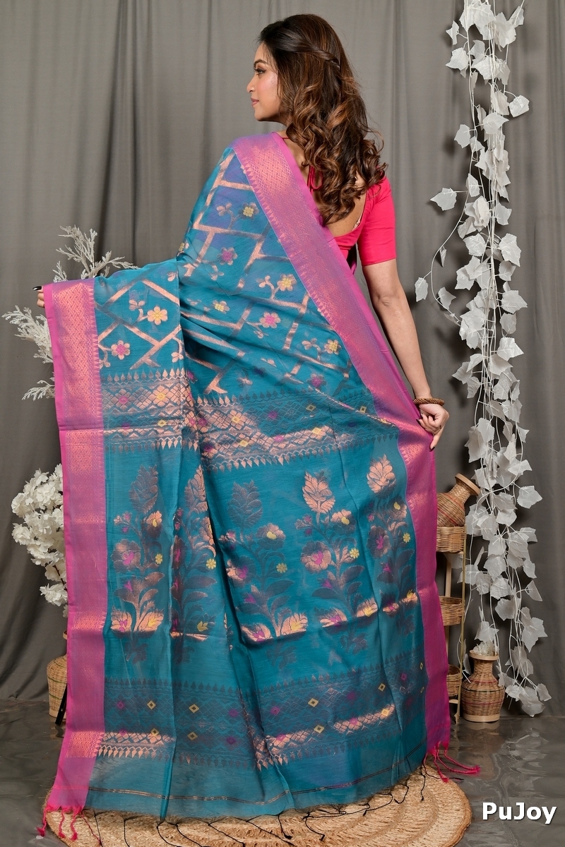 Blue Blended Cotton Dinui Hand Loom Saree (3000)
