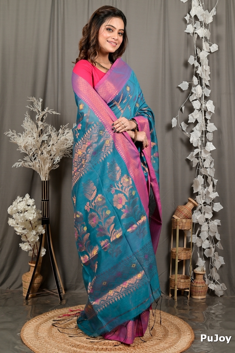 Blue Blended Cotton Dinui Hand Loom Saree (3000)