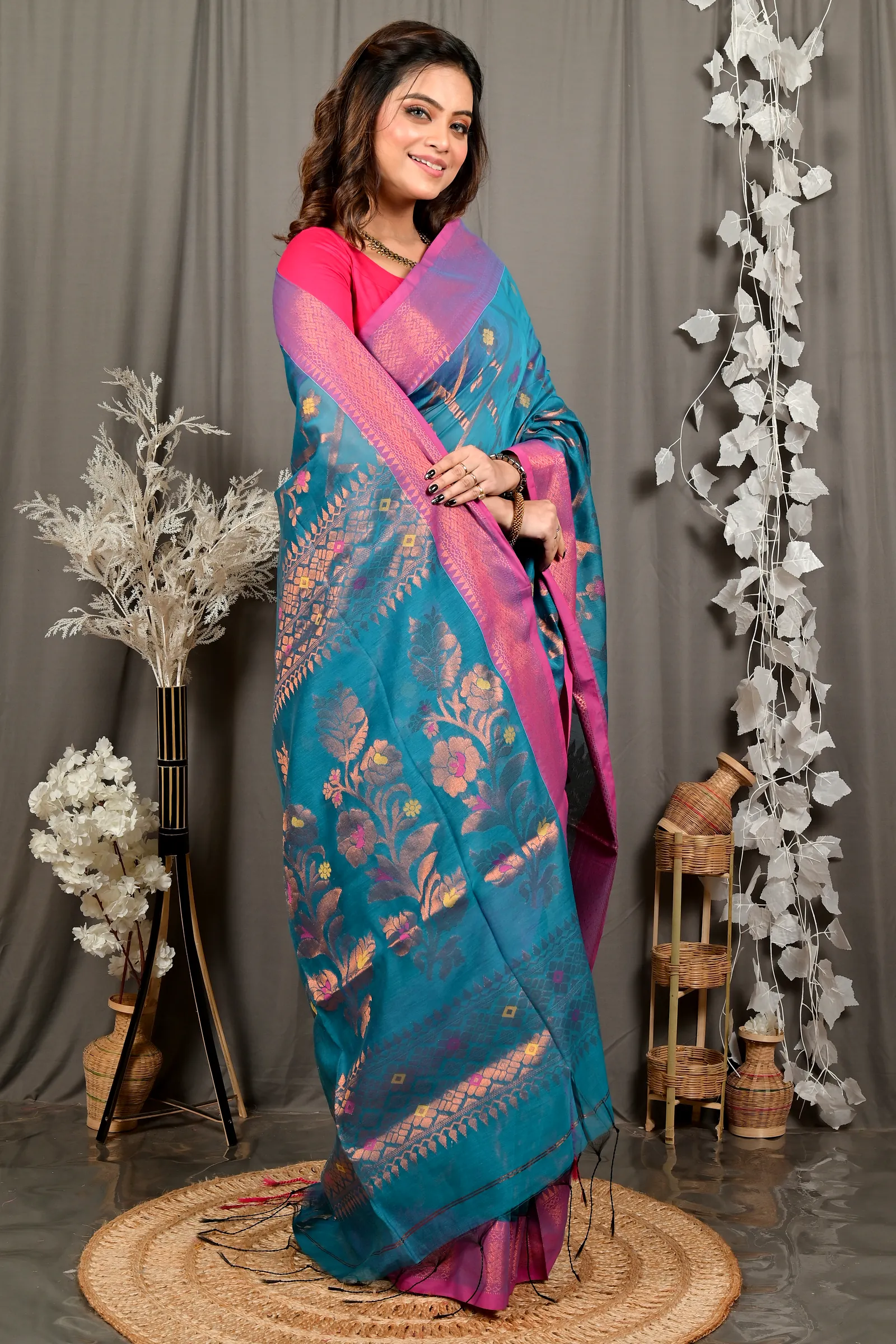 Blue Blended Cotton Dinui Hand Loom Saree (3000)